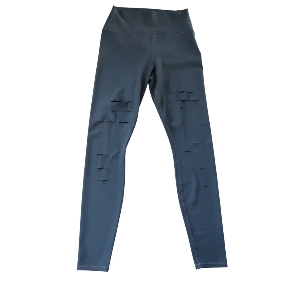 Alo Yoga‎ Womens Ripped Warrior Leggings M Gray High Rise Laser Cut Athleisure